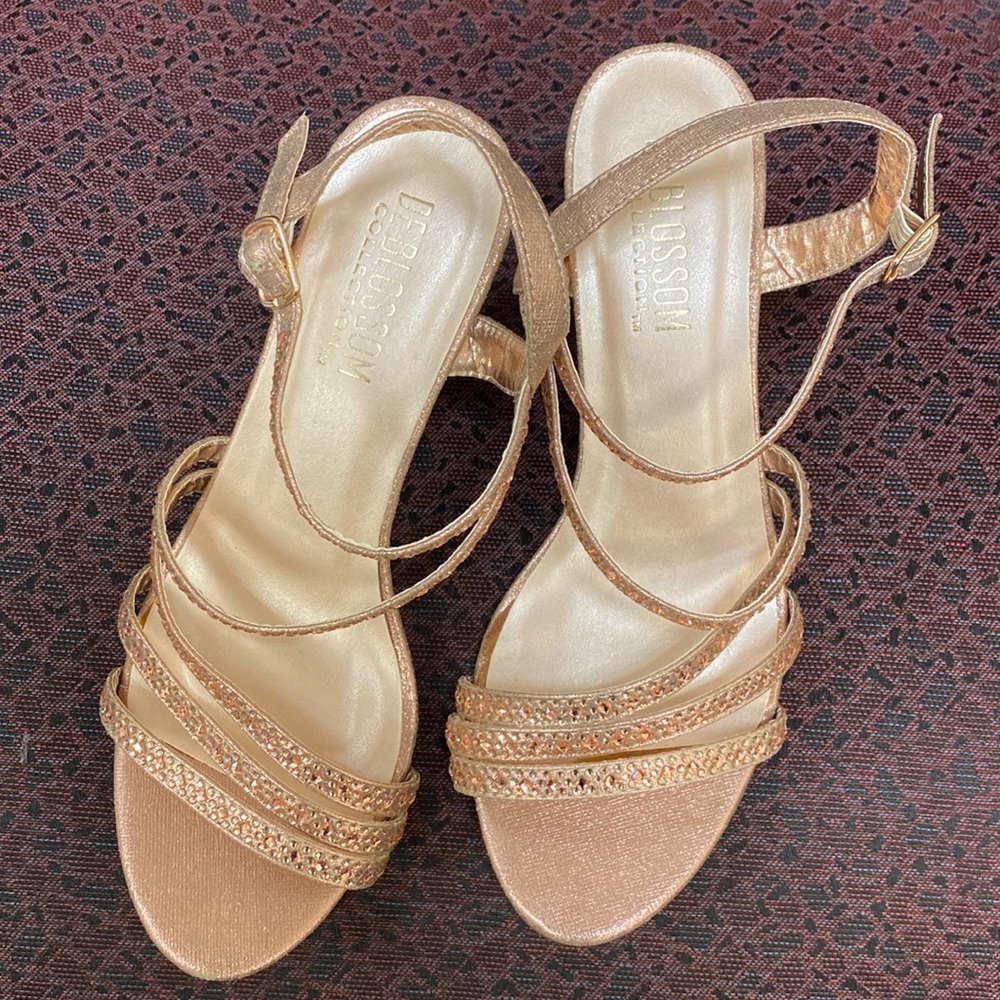 Rosegold rhinestones open toe wedge sandals heels with ankle strap for women